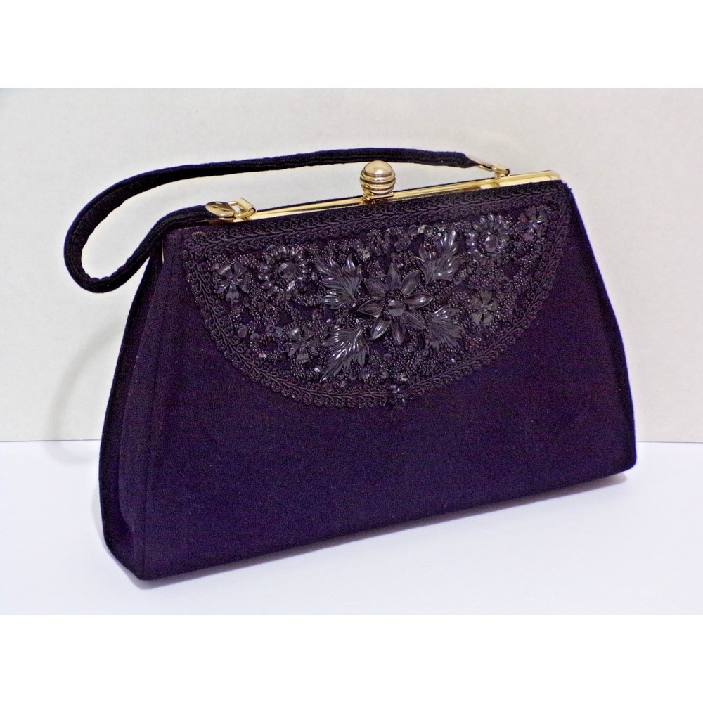 Vintage Black Church Purse w/Beaded Front Gold Tone Accents Snap Close Velvet